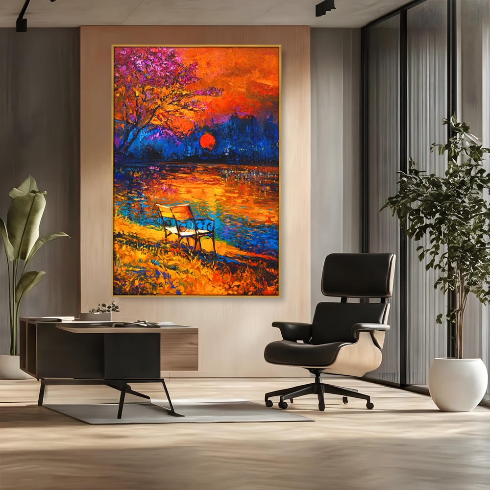 Tablou canvas cu tablou canvas cu banca pe malul lacului la apus, in rama de aluminiu auriu, pe perete intr-un birou